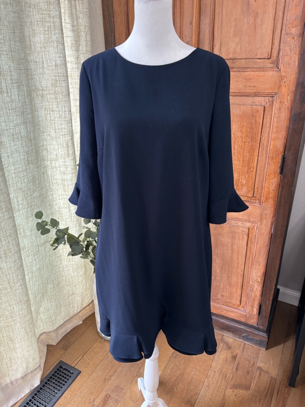 CeCe Navy Ruffle-Hem Shift Dress